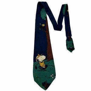 Vtg Peanuts Snoopy Woodstock Green Silk Neck Tie Golf Novelty Neckwear USA